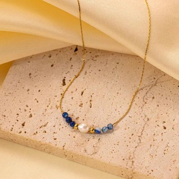 Vintage Style Natural Stone Freshwater Pearl Necklace with Blue Stones - Picture 2 of 6